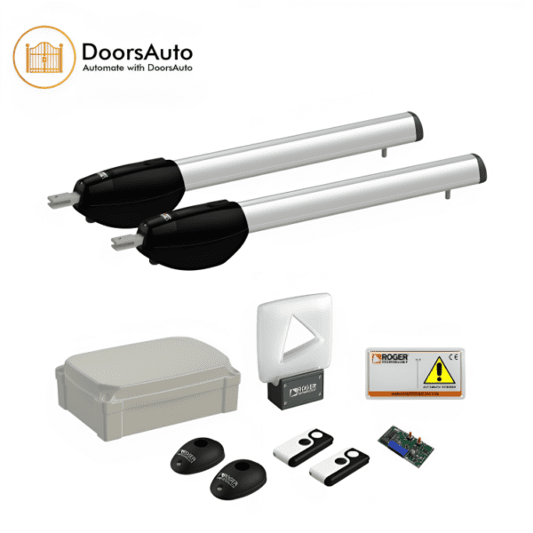 DoorsAuto BE20 series 4 meters automatic gate opener kit, including two sleek linear actuator motors, a durable electronic control panel, a set of remote controls, a sturdy external antenna, and safety warning signs.