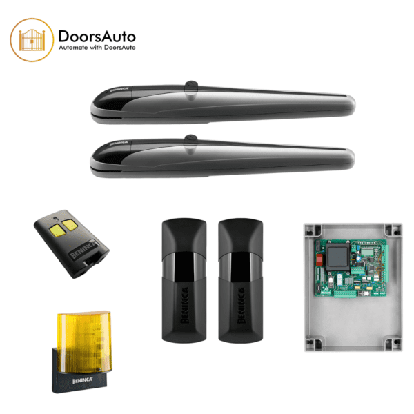 The Beninca BOB 30 3 Meters automatic gate opener kit features two elongated, sleek black actuators, a remote control with yellow buttons, black photocell sensors, a warning light, and a control board encased in a clear cover. Swing gate motor: Beninca BOB 30 3 Meters with kit