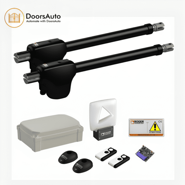 The Nice Toona 7 DC automatic gate opener kit from DoorsAuto, featuring two robust swing gate motors, a control box, sleek remote controls, an illuminated warning sign, and an advanced electronic control panel.