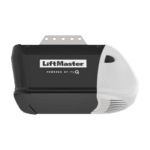 The image features a LiftMaster MyQ Smart Garage Door Opener, an advanced automatic garage system designed for seamless home security and smart home automation. Mounted on a durable metal bracket, the unit is connected to a remote-controlled garage door track system. It features LED lighting for enhanced visibility and a safety pull cord for manual operation. With MyQ smart technology, users can control and monitor their garage door remotely, ensuring secure access control from anywhere