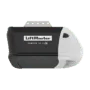 The image features a LiftMaster MyQ Smart Garage Door Opener, an advanced automatic garage system designed for seamless home security and smart home automation. Mounted on a durable metal bracket, the unit is connected to a remote-controlled garage door track system. It features LED lighting for enhanced visibility and a safety pull cord for manual operation. With MyQ smart technology, users can control and monitor their garage door remotely, ensuring secure access control from anywhere