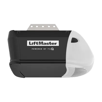 The image features a LiftMaster MyQ Smart Garage Door Opener, an advanced automatic garage system designed for seamless home security and smart home automation. Mounted on a durable metal bracket, the unit is connected to a remote-controlled garage door track system. It features LED lighting for enhanced visibility and a safety pull cord for manual operation. With MyQ smart technology, users can control and monitor their garage door remotely, ensuring secure access control from anywhere
