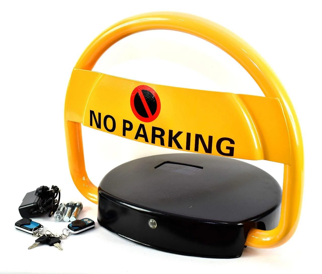 Yellow automatic parking lock barrier with No Parking sign, black base unit and two remote key fobs, available in Oman