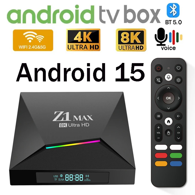 Z1 MAX 8K Ultra HD streaming box packaging showing IPTV streaming device Android features and dual-band Wi-Fi support