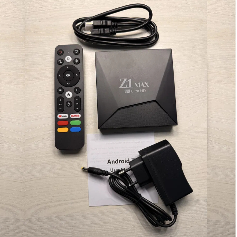 Z1 MAX 8K Ultra HD streaming box packaging showing IPTV streaming device Android features and dual-band Wi-Fi support
