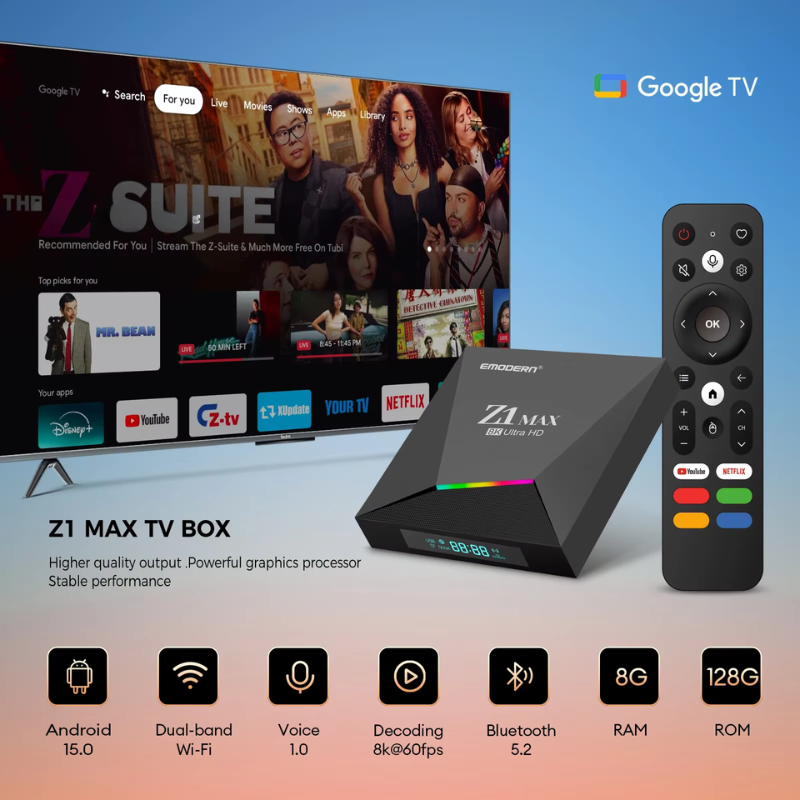 Z1 MAX 8K Ultra HD streaming box packaging showing IPTV streaming device Android features and dual-band Wi-Fi support