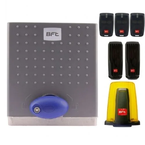 BFT Deimos 24V sliding gate motor sold as a 500 kg kit, showing the front mounted QSC D MA control unit and the module 4 drive pinion