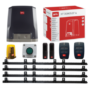 BFT Deimos BT A400 24V sliding gate motor kit for gates up to 400 kg in Oman, showing the operator, Mitto2 remotes, photocells and module 4 rack
