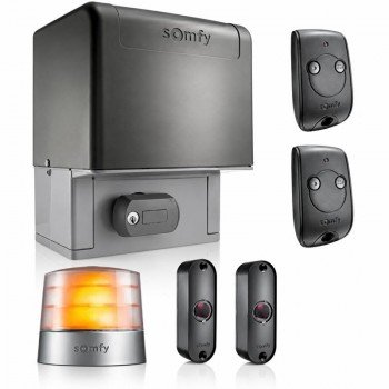 Somfy Elixo 2000 sliding gate motor in a grey housing with the Somfy logo and a release cover on the front