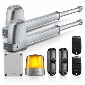 Somfy Ixengo JL swing gate motor with its linear actuator arm extended and the Somfy logo on the grey housing