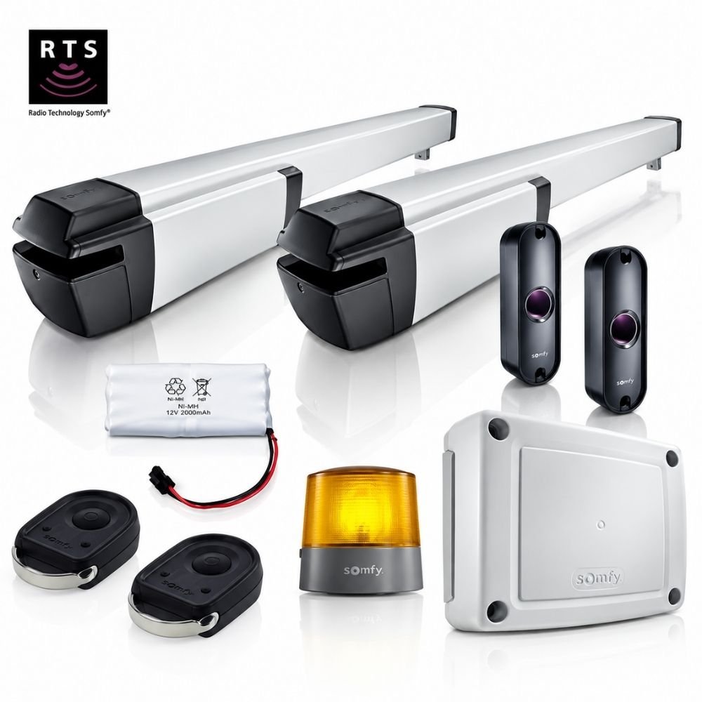 Somfy Ixengo L 24V swing gate motor with its actuator arm extended and the Somfy logo on the housing