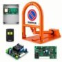 Orange Beninca arch parking saver with a no parking sign panel, shown beside a control box, a two button remote and two circuit boards