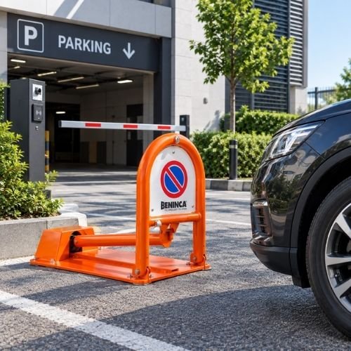 Orange Beninca arch parking saver raised across a marked car park bay with a grey car beside it and a boom barrier behind