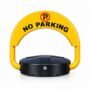 Steel parking lock with its arm raised on a concrete bay and the battery compartment cover closed beside the hinge