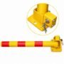 Yellow fold down manual parking lock post with red bands, shown folded flat on its hinged base plate with a key lock and keys