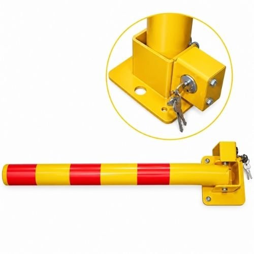 Yellow fold down manual parking lock post with red bands, shown folded flat on its hinged base plate with a key lock and keys