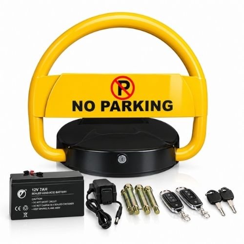 Yellow and black steel parking lock raised on a concrete bay, supplied with a remote control and a power adaptor